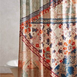 Anthropologie Floral Pattern Shower Curtain - Orange, Blue, Cream